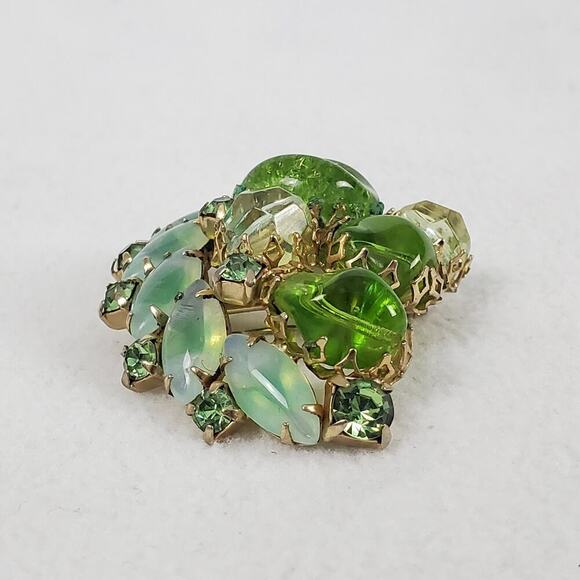 Vintage MCM Green Rhinestone Gold Tone Brooch and Earrings Set - Picture 3 of 16